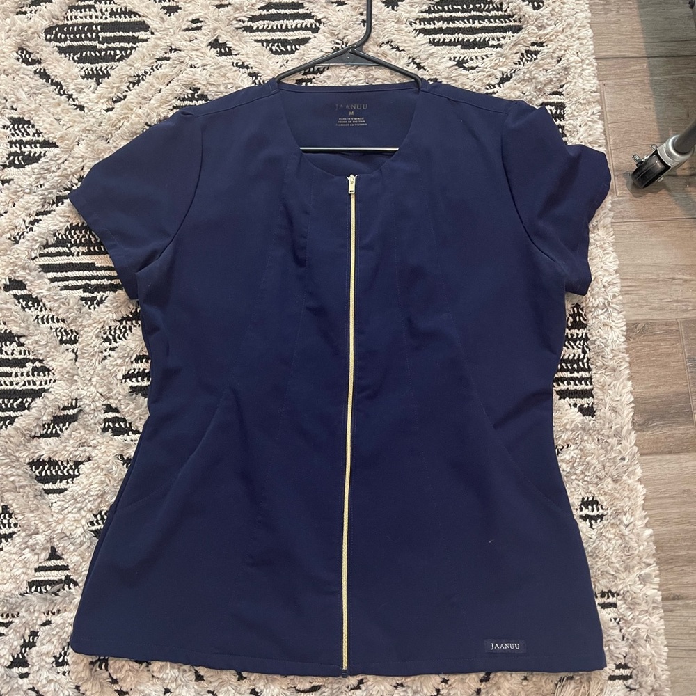 Jaanuu Navy Blue Zip-Front Medical Top with Gold Accent